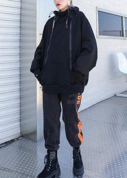 Modern black cotton clothes zippered short hooded shirts - SooLinen