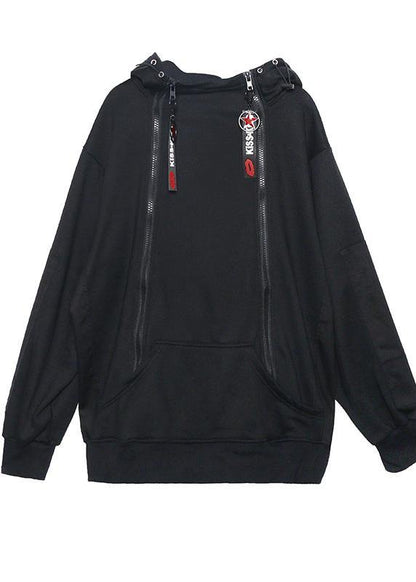 Modern black cotton clothes zippered short hooded shirts - SooLinen