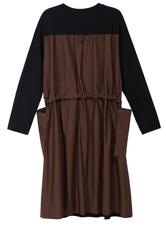 Modern black cotton quilting clothes cat prints Plus Size  patchwork pockets Dress - SooLinen