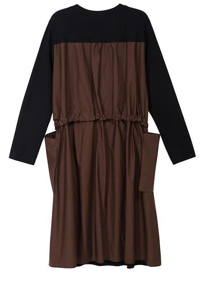 Modern black cotton quilting clothes cat prints Plus Size  patchwork pockets Dress - SooLinen