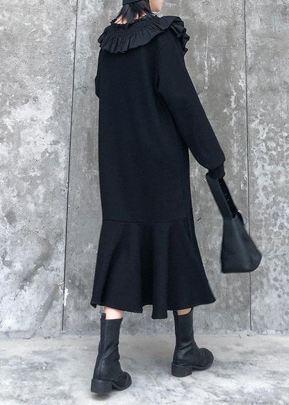 Modern black cotton quilting dresses Ruffled patchwork Maxi Dress - SooLinen