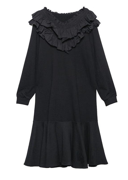 Modern black cotton quilting dresses Ruffled patchwork Maxi Dress - SooLinen