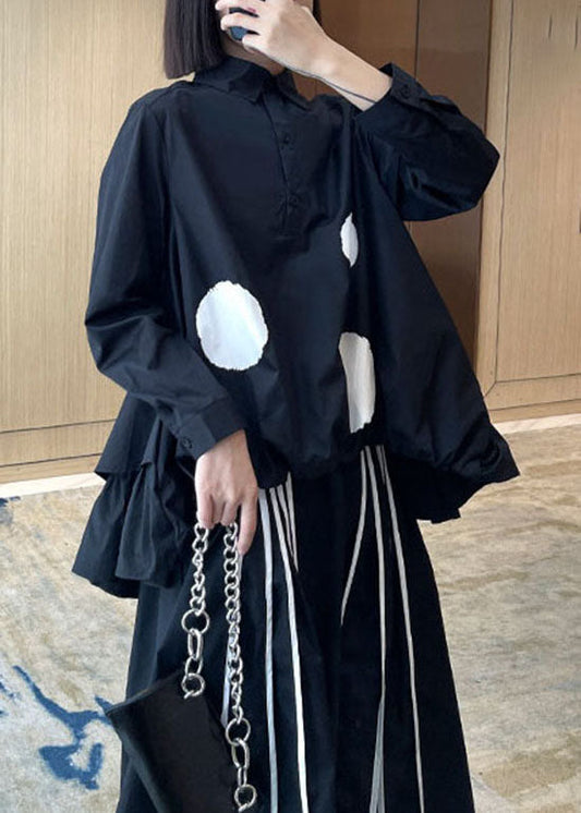 Modernes schwarzes Low-High-Design Peter Pan Kragen Punkt Patchwork Shirt Tops Frühling