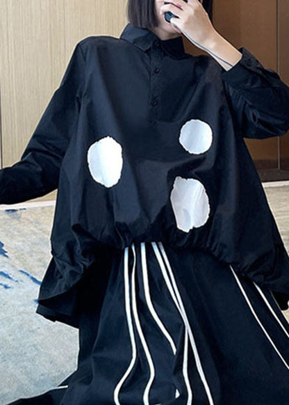Modernes schwarzes Low-High-Design Peter Pan Kragen Punkt Patchwork Shirt Tops Frühling