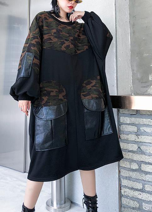 Modern black patchwork camouflage cotton Blouse pockets oversized blouses - SooLinen