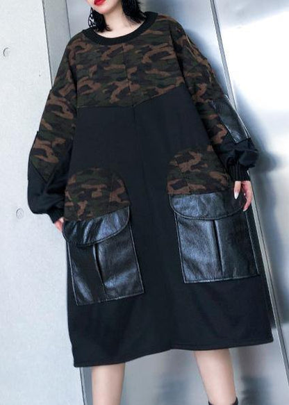 Modern black patchwork camouflage cotton Blouse pockets oversized blouses - SooLinen