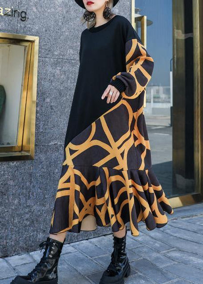 Modern black patchwork cotton Long Shirts ruffles hem cotton robes winter Dresses - SooLinen