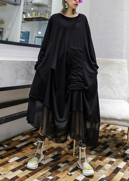 Modern black patchwork cotton tunic top Cinched cotton robes fall Dresses - SooLinen