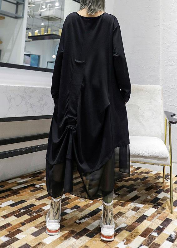 Modern black patchwork cotton tunic top Cinched cotton robes fall Dresses - SooLinen