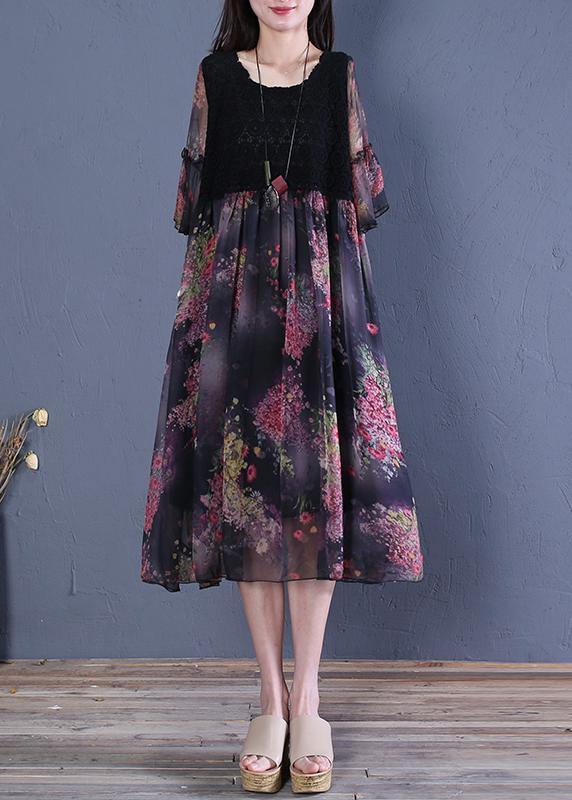 Modern black print Cotton clothes o neck Butterfly Sleeve short Dresses - SooLinen