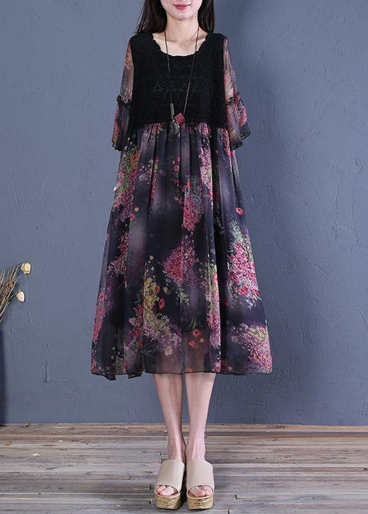 Modern black print Cotton clothes o neck Butterfly Sleeve short Dresses - SooLinen