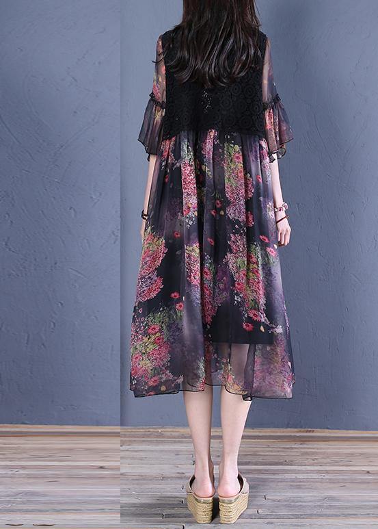 Modern black print Cotton clothes o neck Butterfly Sleeve short Dresses - SooLinen