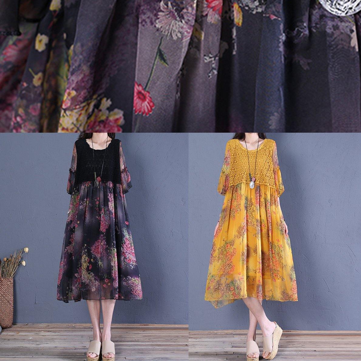 Modern black print Cotton clothes o neck Butterfly Sleeve short Dresses - SooLinen