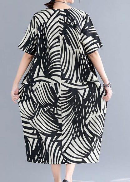 Modern black print Cotton tunic pattern o neck patchwork Art summer Dress - SooLinen