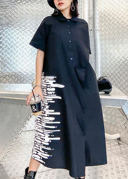 Modern black print tunics for women lapel Button Down A Line summer Dress - SooLinen
