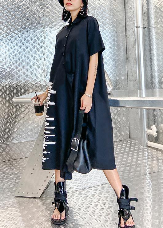 Modern black print tunics for women lapel Button Down A Line summer Dress - SooLinen