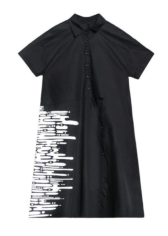 Modern black print tunics for women lapel Button Down A Line summer Dress - SooLinen