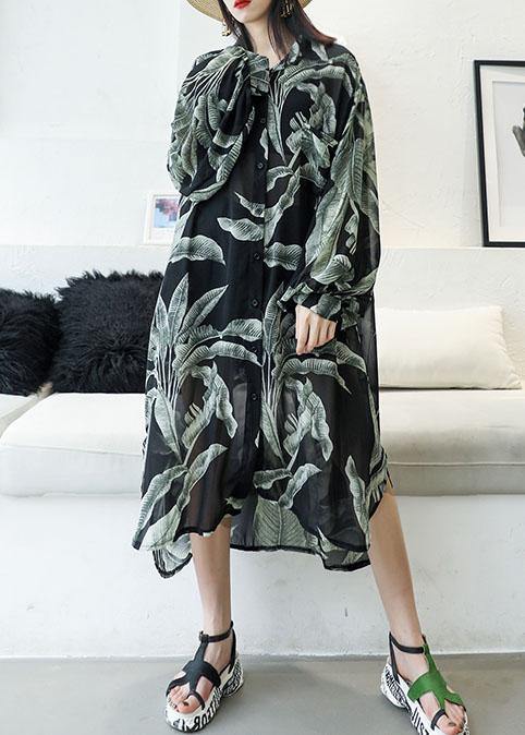 Modern black prints chiffon shirts side open Art sunscreen shirt dresses - SooLinen