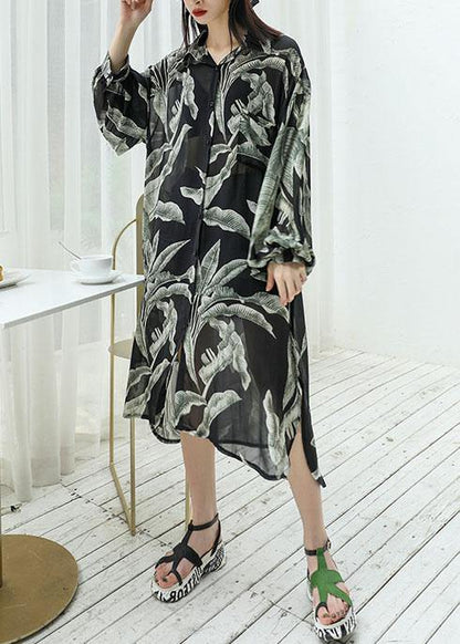 Modern black prints chiffon shirts side open Art sunscreen shirt dresses - SooLinen