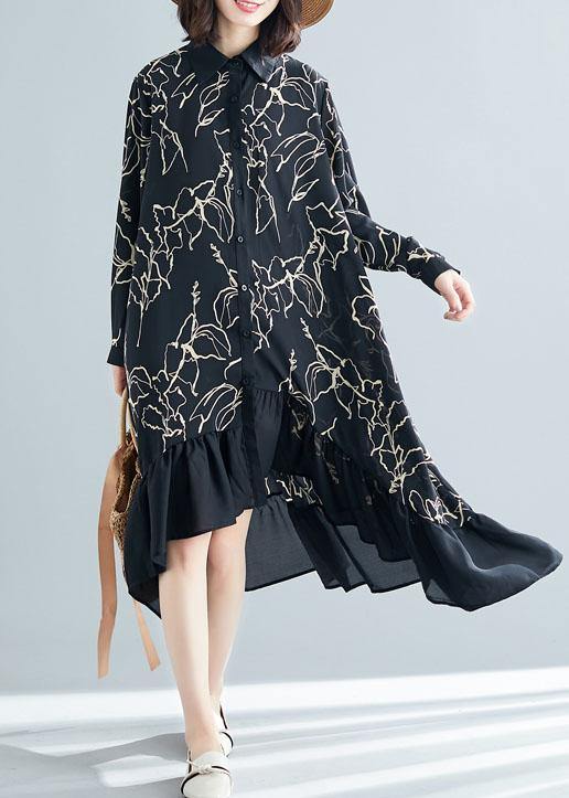 Modern black prints cotton dresses ruffles Plus Size summer Dresses - SooLinen