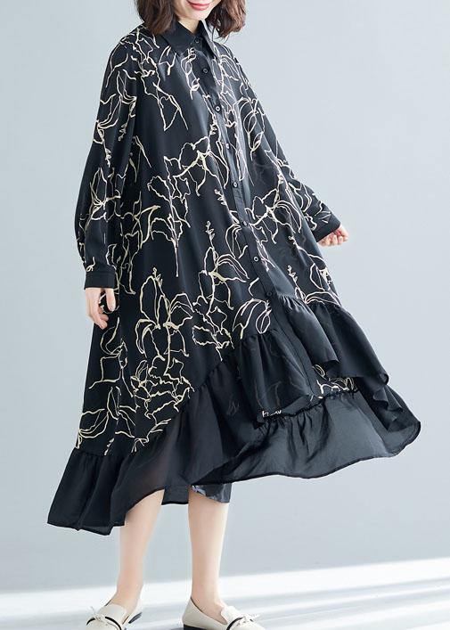 Modern black prints cotton dresses ruffles Plus Size summer Dresses - SooLinen