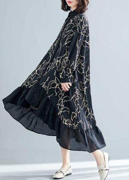 Modern black prints cotton dresses ruffles Plus Size summer Dresses - SooLinen