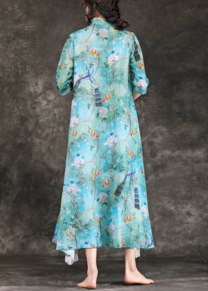 Modern blue print linen dresses Vintage Neckline stand collar Half sleeve Maxi Summer Dress