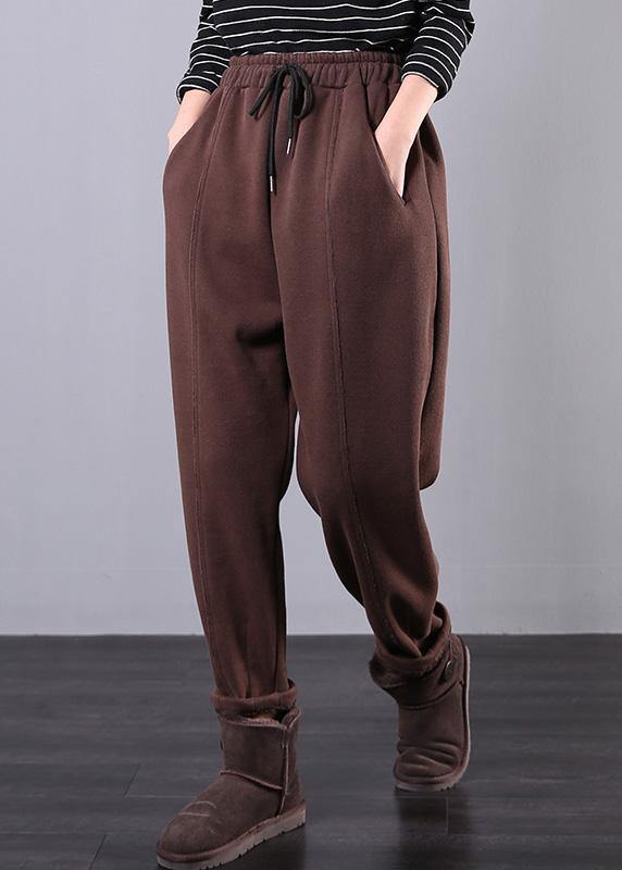 Modern chocolate trousers plus size fall drawstring pockets Outfits harem pants - SooLinen