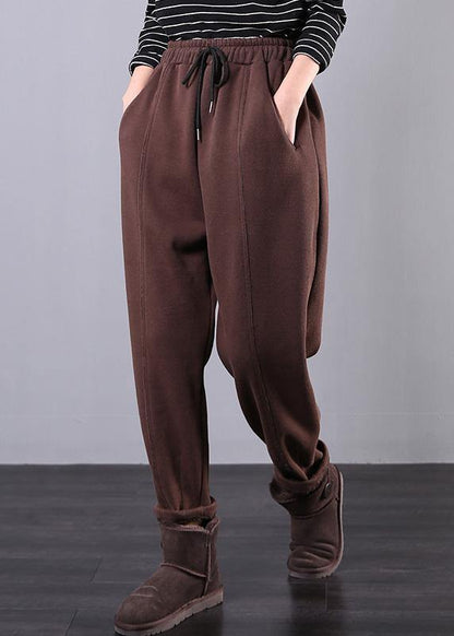 Modern chocolate trousers plus size fall drawstring pockets Outfits harem pants - SooLinen