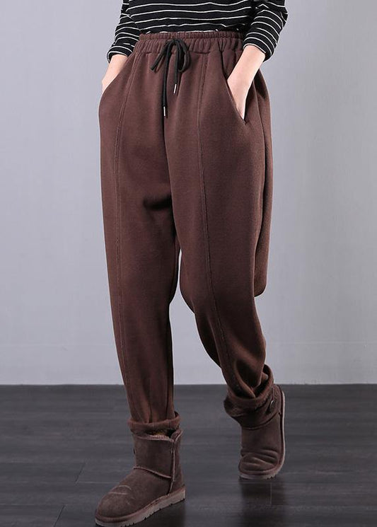Modern chocolate trousers plus size fall drawstring pockets Outfits harem pants - SooLinen