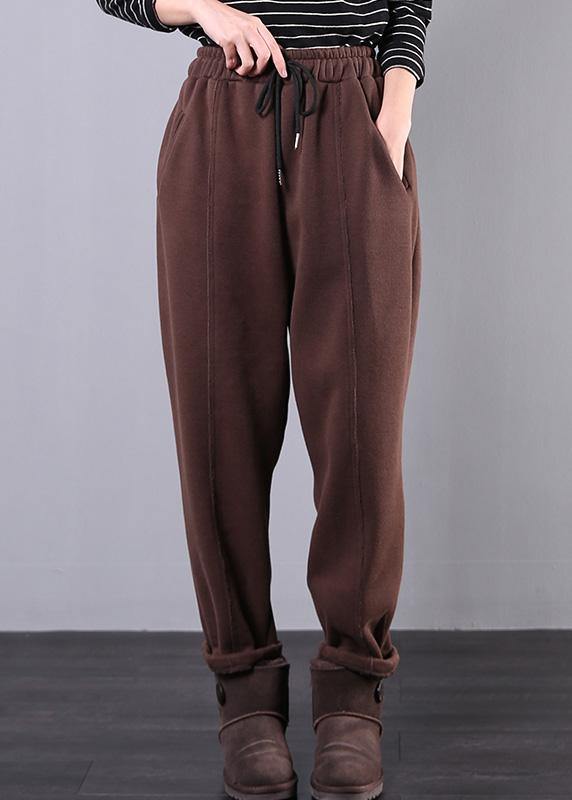 Modern chocolate trousers plus size fall drawstring pockets Outfits harem pants - SooLinen