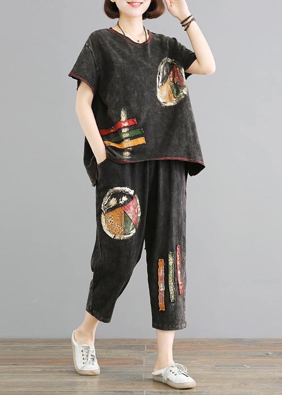 Modern cotton crane Organic Vintage Cotton Loose Short Sleeve Blouse And Pants - SooLinen