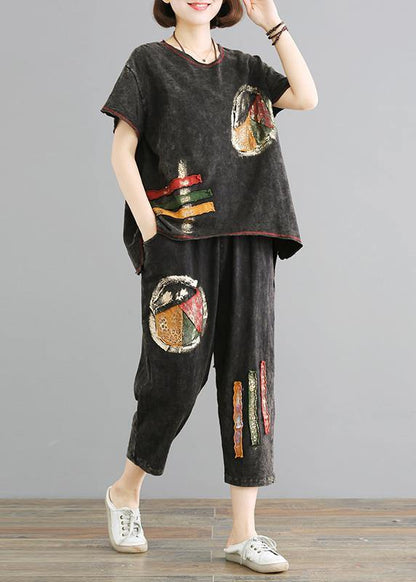 Modern cotton crane Organic Vintage Cotton Loose Short Sleeve Blouse And Pants - SooLinen