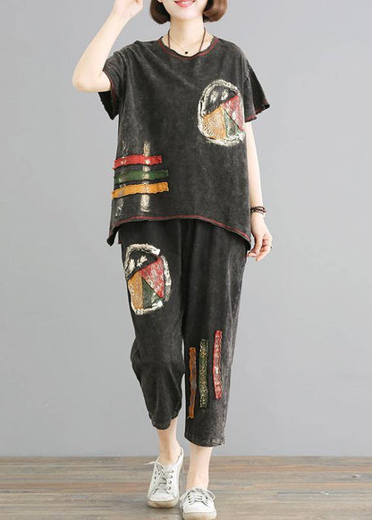 Modern cotton crane Organic Vintage Cotton Loose Short Sleeve Blouse And Pants - SooLinen