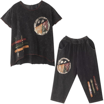 Modern cotton crane Organic Vintage Cotton Loose Short Sleeve Blouse And Pants - SooLinen