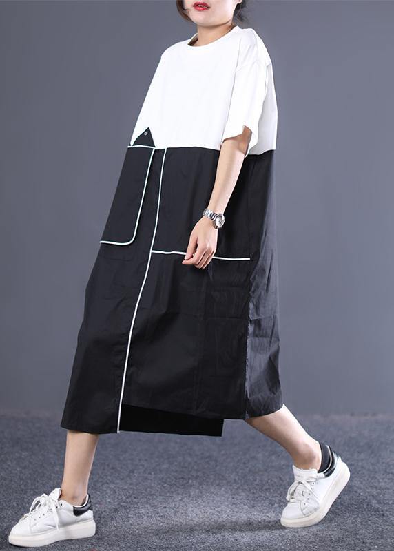 Modern cotton dresses Sweets Cotton Round Neck Spliced Short Sleeve Dress - SooLinen