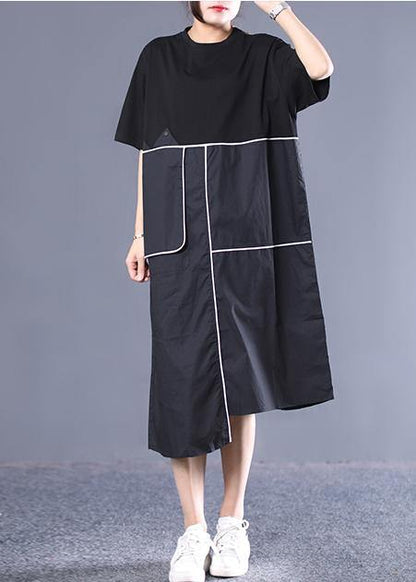 Modern cotton dresses Sweets Cotton Round Neck Spliced Short Sleeve Dress - SooLinen