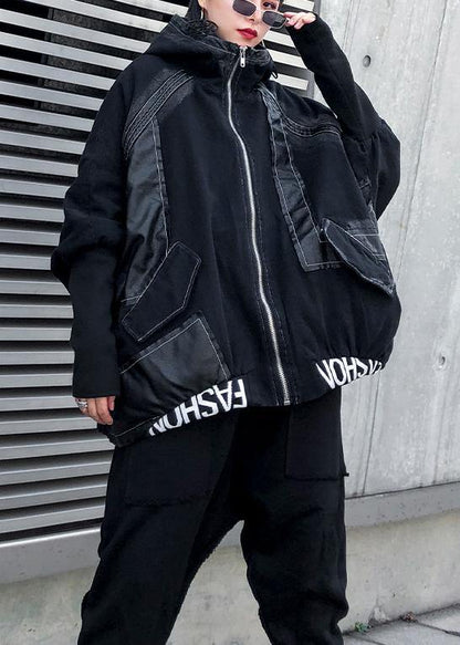 Modern denim black Plus Size for women Sewing zippered patchwork coats - SooLinen