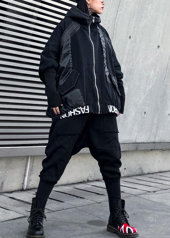 Modern denim black Plus Size for women Sewing zippered patchwork coats - SooLinen