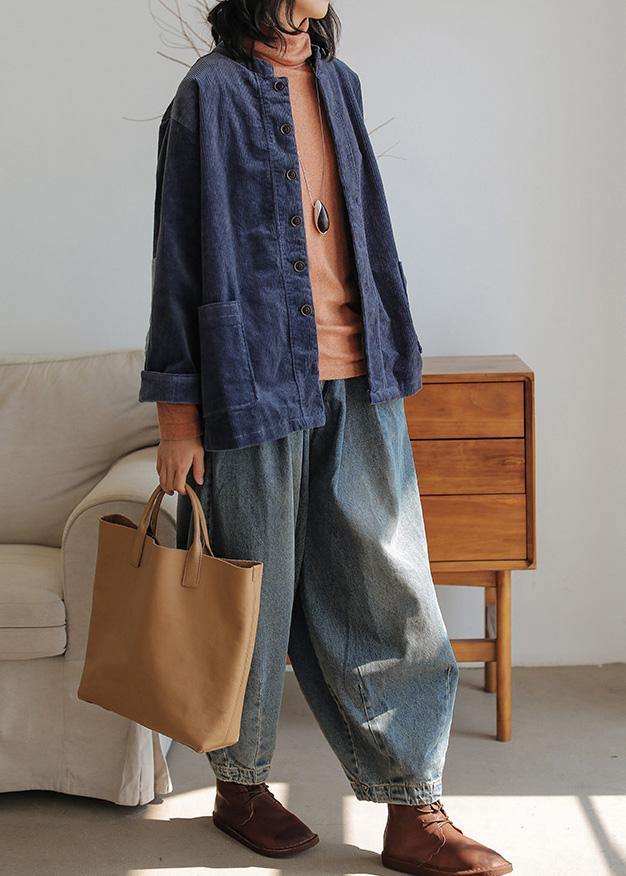 Modern denim blue pants oversize wide leg pants cotton Fabrics casual pants - SooLinen