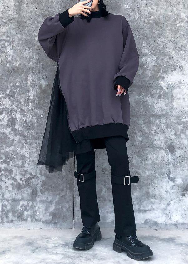 Modern gray cotton clothes For Women patchwork tunic o neck Sweatshirt - SooLinen