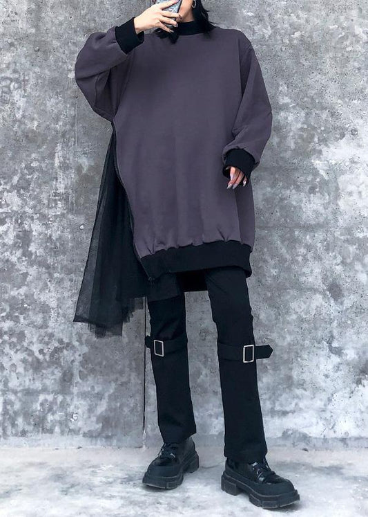 Modern gray cotton clothes For Women patchwork tunic o neck Sweatshirt - SooLinen