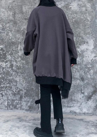 Modern gray cotton clothes For Women patchwork tunic o neck Sweatshirt - SooLinen