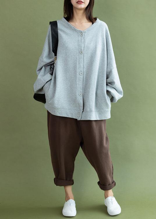 Modern gray cotton linen tops women lantern sleeve Button Down oversized fall shirts - SooLinen