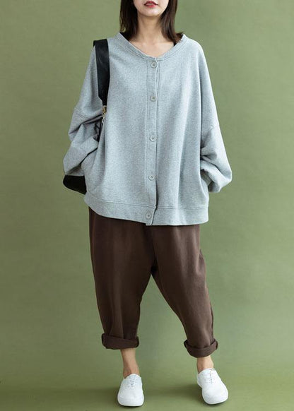 Modern gray cotton linen tops women lantern sleeve Button Down oversized fall shirts - SooLinen