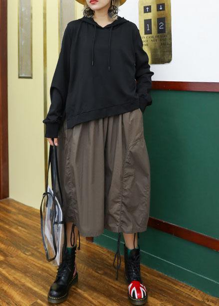 Modern gray green patchwork cotton clothes false two pieces loose hooded Dress - SooLinen