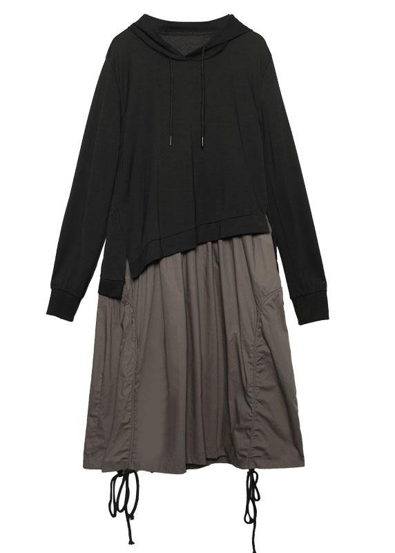 Modern gray green patchwork cotton clothes false two pieces loose hooded Dress - SooLinen