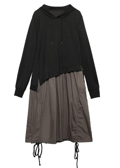 Modern gray green patchwork cotton clothes false two pieces loose hooded Dress - SooLinen