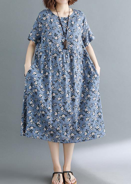 Modern gray print tunic dress o neck pockets baggy summer Dress - SooLinen