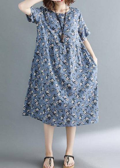 Modern gray print tunic dress o neck pockets baggy summer Dress - SooLinen